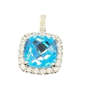 Michelle Albala 10k White Gold Cushion Cut Blue Topaz Cz‎ Halo Pendant